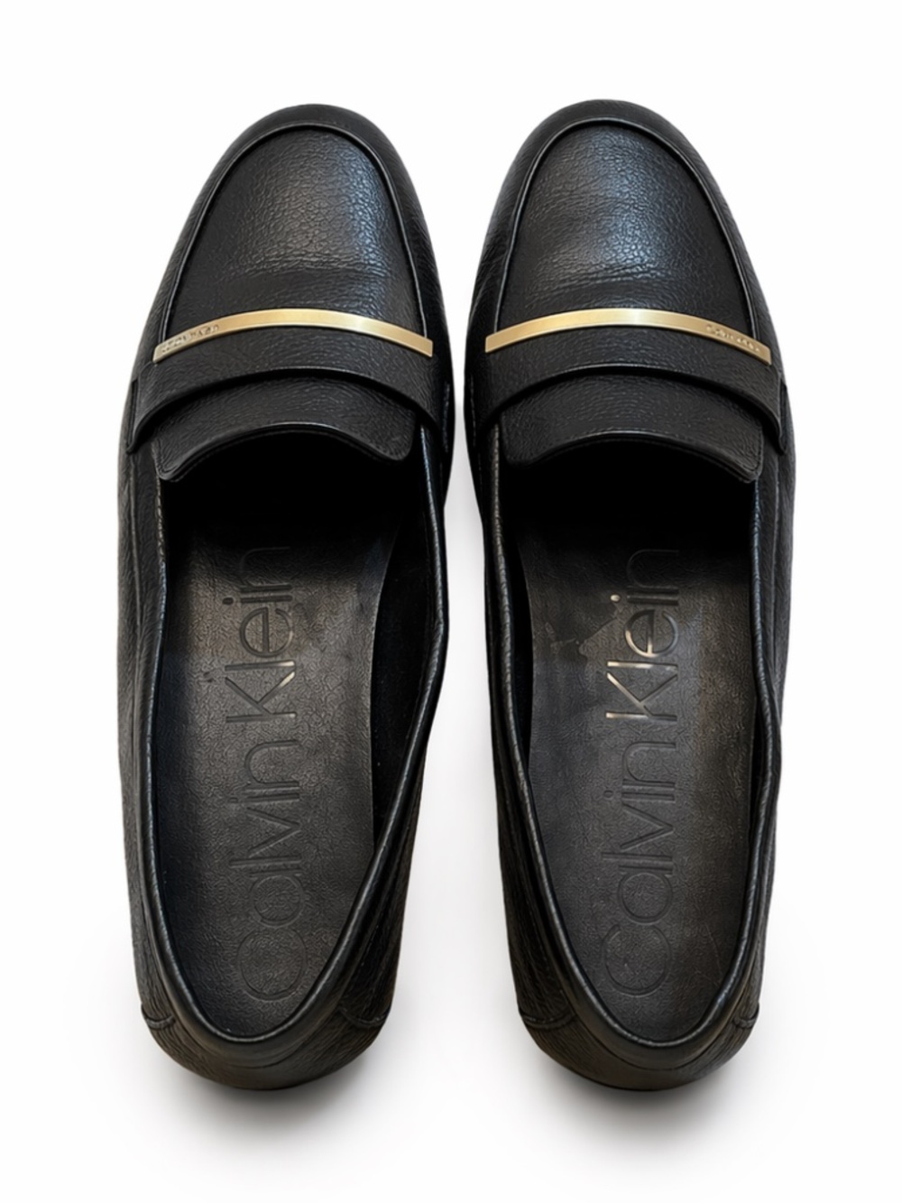 Calvin Klein Black Leather Loafers with Gold Accent – Size 8.5 EUC